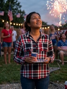 Liz Claiborne Red White Blue Plaid Relaxed Shirt Sz XL Button Cuff